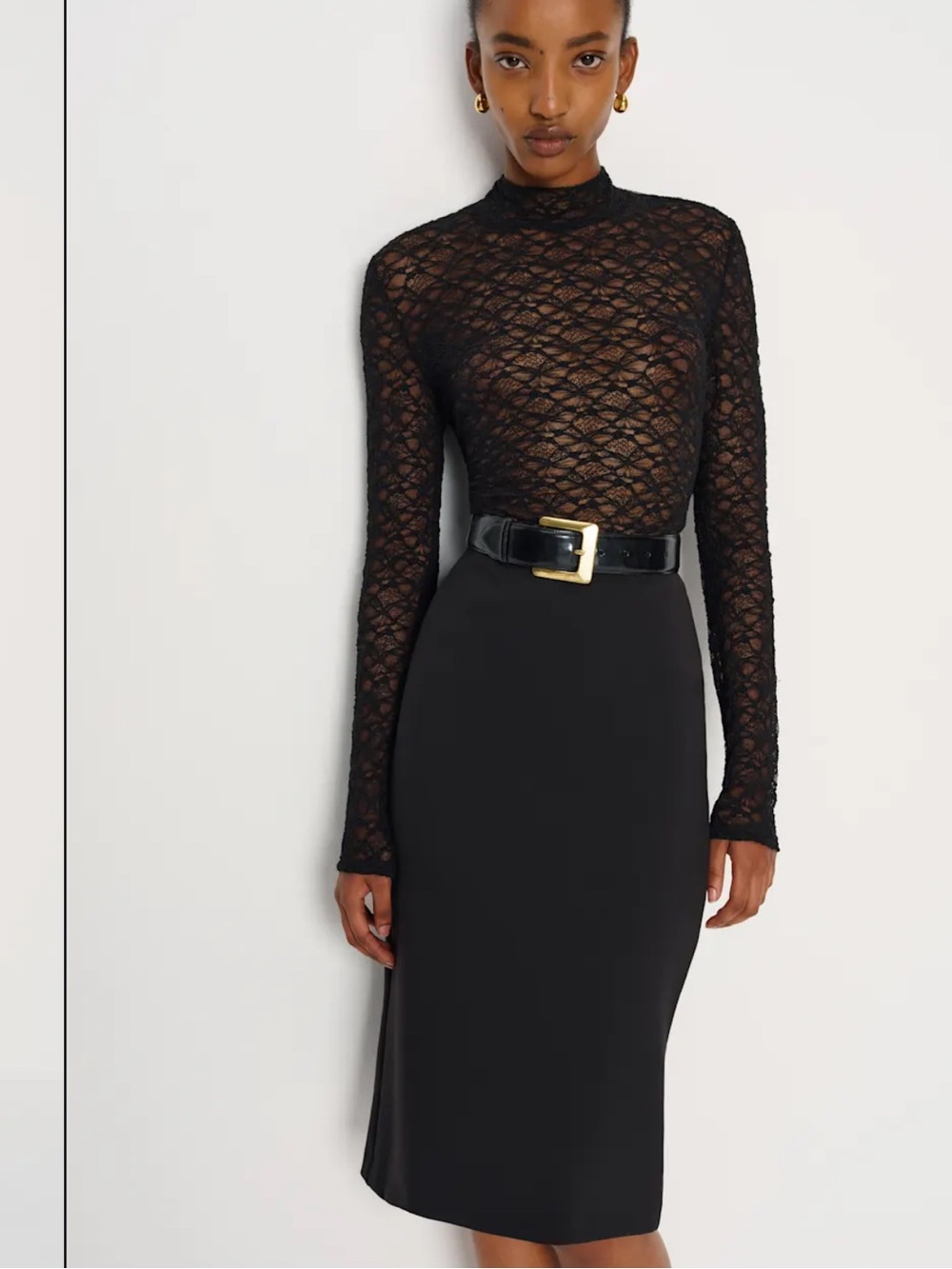 Reformation Black Lace Mock Neck Top